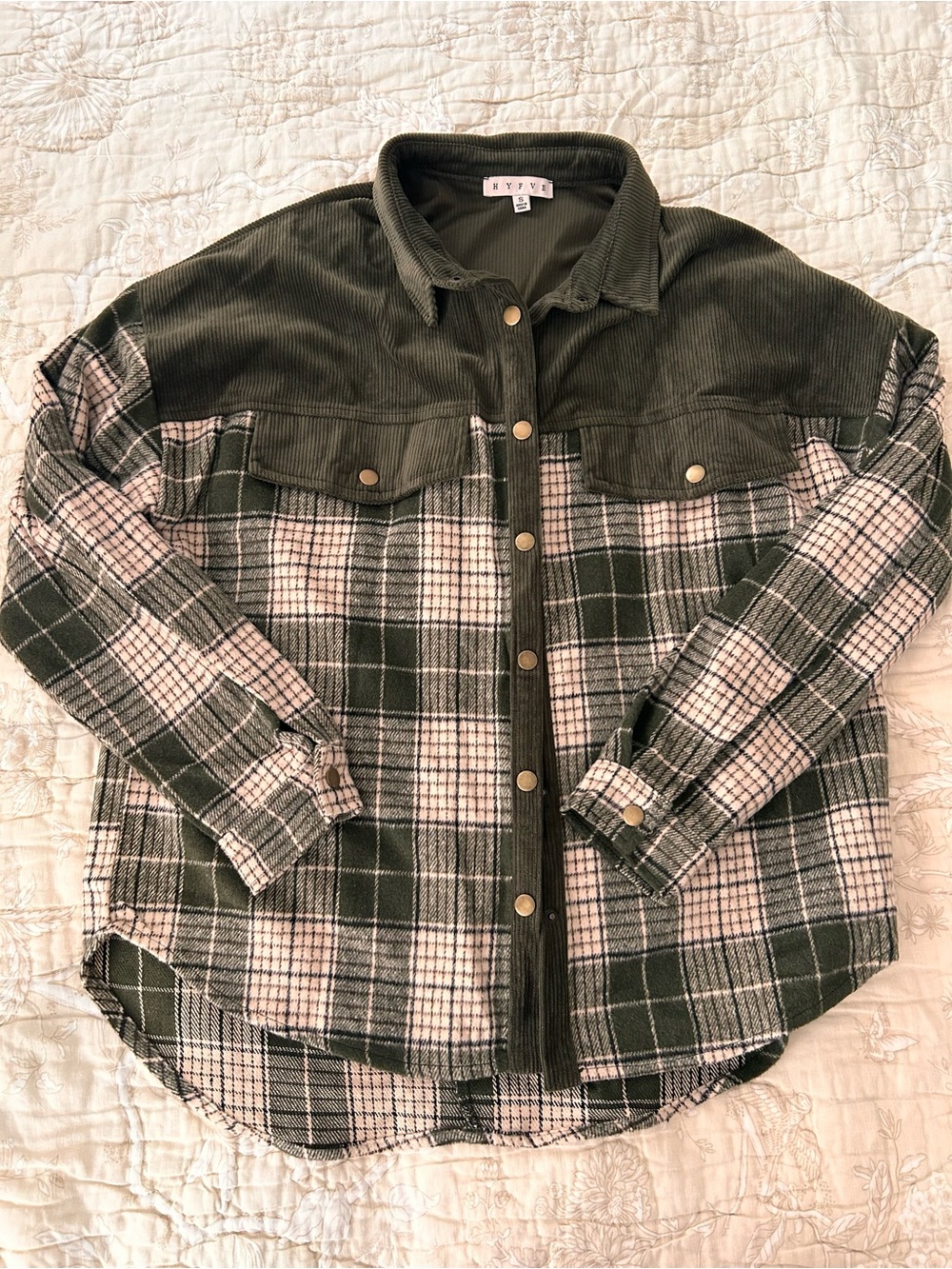 HYFVE Olive Green Plaid Corduroy Yoke Shacket